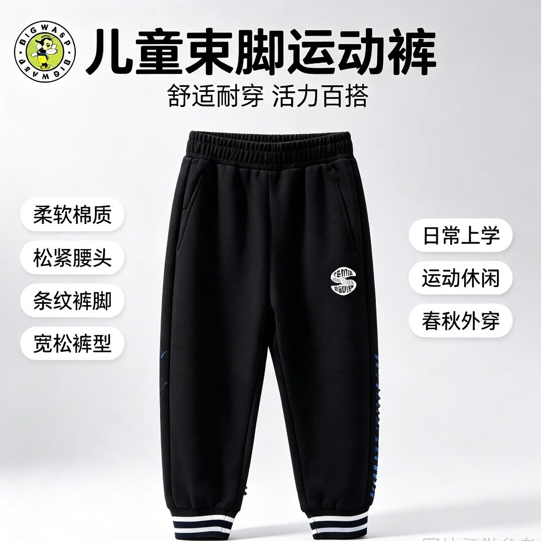 大黄蜂女童春款条纹束脚运动裤图片