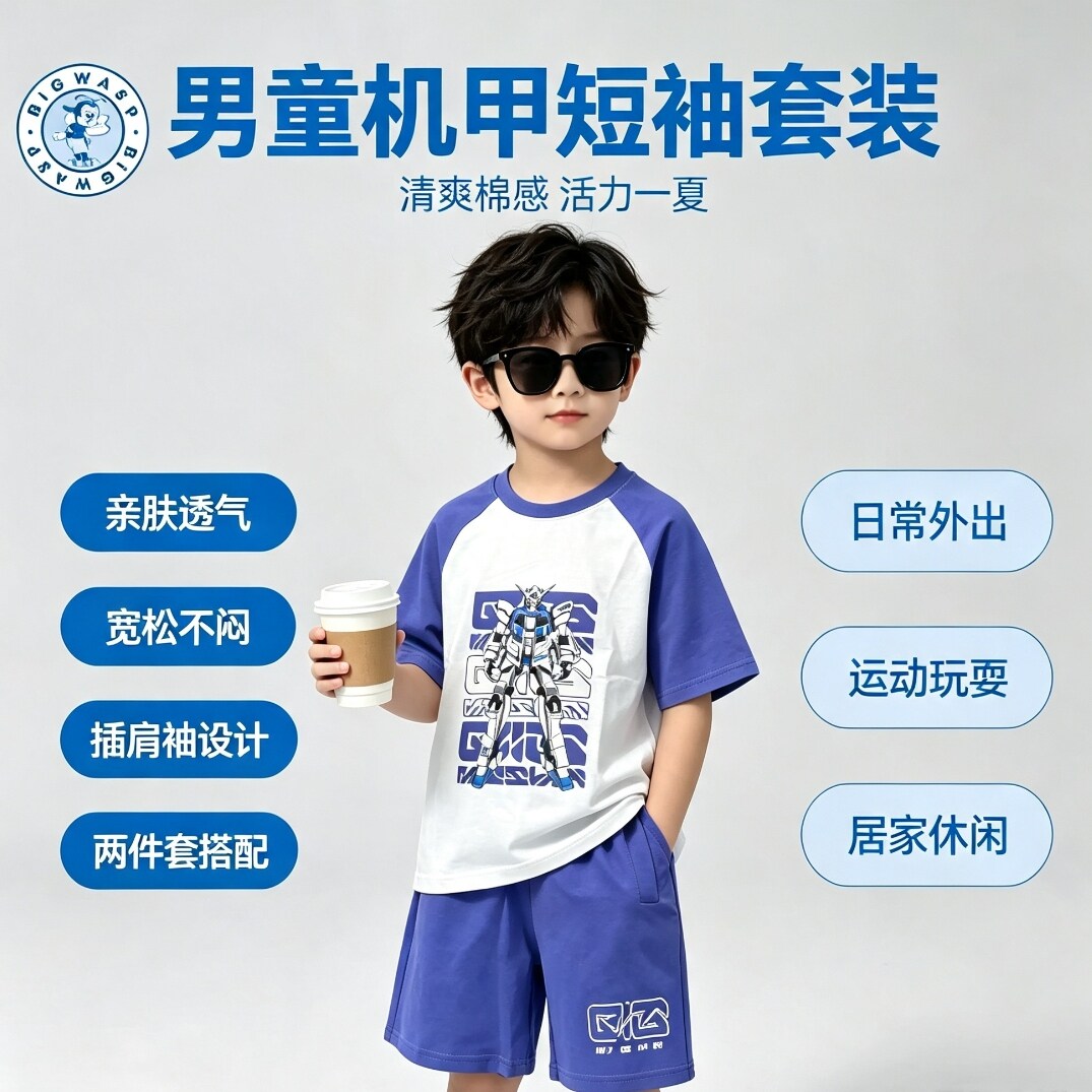 大黄蜂夏款男孩纯棉T恤短裤套装