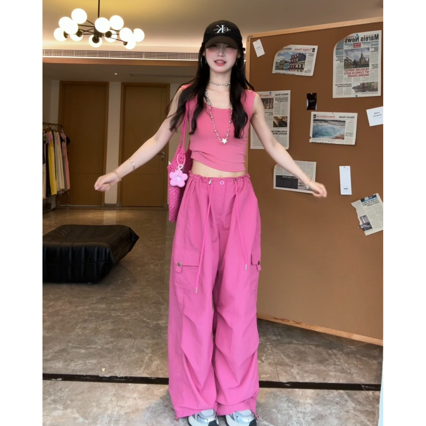 树莓粉工装裤女2026新款春夏季彩色洋气休闲阔腿裤速干可束脚长裤