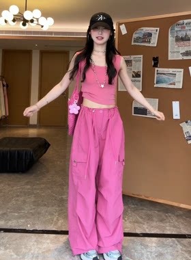 树莓粉工装裤女2026新款春夏季彩色洋气休闲阔腿裤速干可束脚长裤