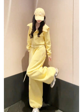 鹅黄色显白运动套装女春秋2026新款连帽卫衣阔腿裤拉链宽松休闲装