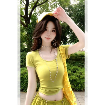 巨好看抹茶绿上衣女夏修身正肩T恤辣妹纯欲风U领短袖女装2026新款