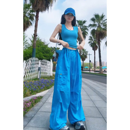 夏日蓝巨好看工装裤女夏季2026新款可束脚宽松休闲阔腿裤女速干裤