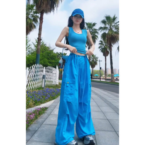 夏日蓝巨好看工装裤女夏季2026新款可束脚宽松休闲阔腿裤女速干裤
