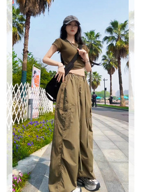 军绿色速干工装裤套装女夏季辣妹短款上衣高腰阔腿裤休闲两件套装