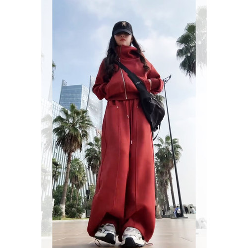 红色运动套装女秋冬季加绒加厚连帽卫衣阔腿裤拉链休闲装2025新款