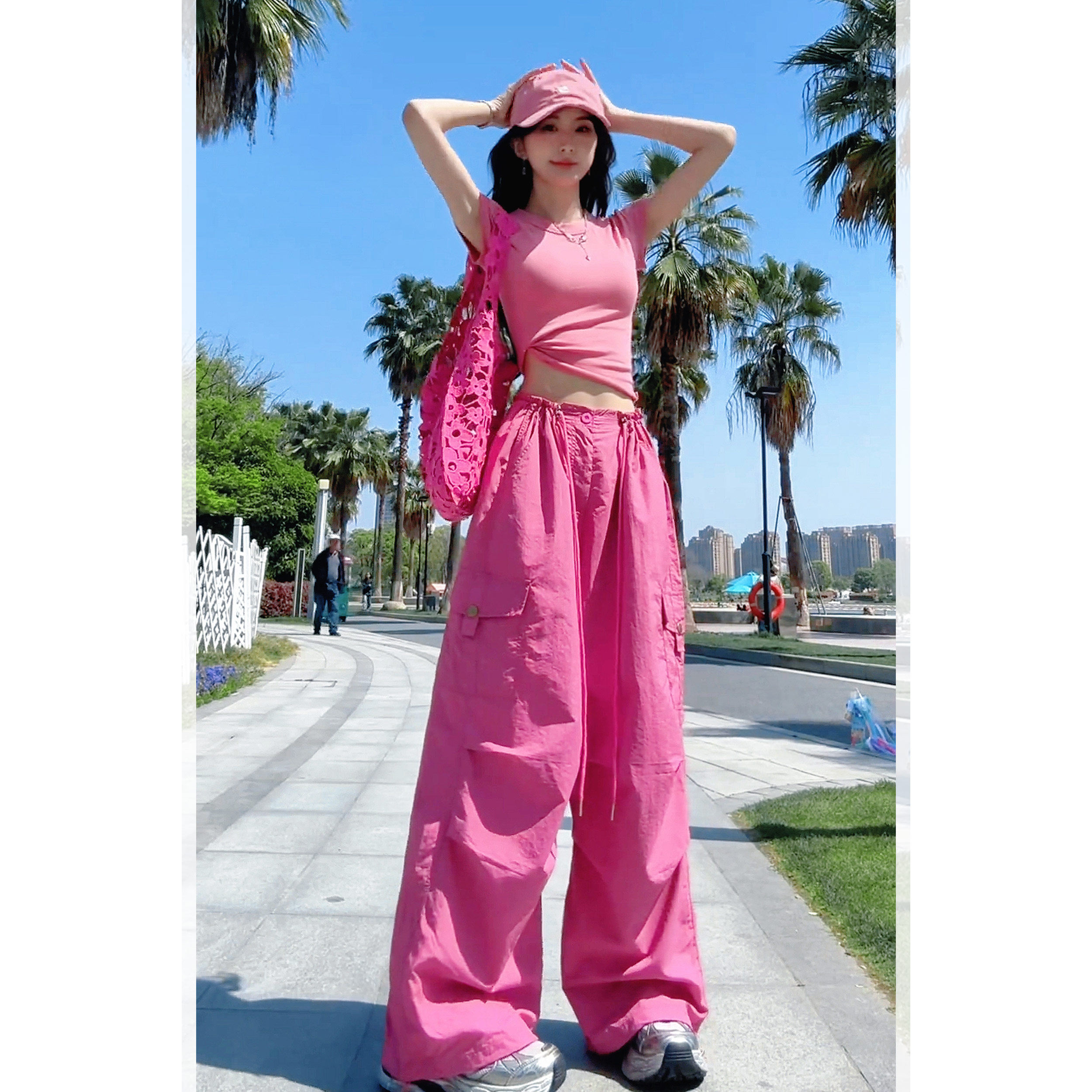 高级感树莓粉工装裤女夏宽松休闲阔腿裤女裤2026新款今年流行爆款