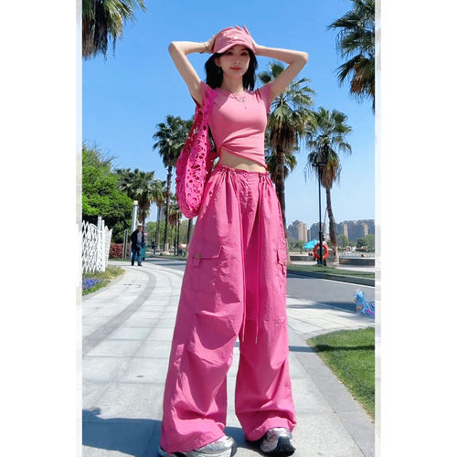 高级感树莓粉工装裤女夏宽松休闲阔腿裤女裤2026新款今年流行爆款