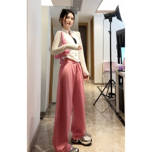 夏春茶主播推荐美式运动裤冬季2025新款微弯刀阔腿休闲裤加绒裤子