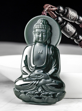 天然老料和田玉墨玉阿弥陀佛吊坠