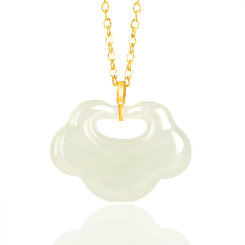 老料和田玉白玉如意锁吊坠正品18K金镶天然玉石男女款保平安挂件