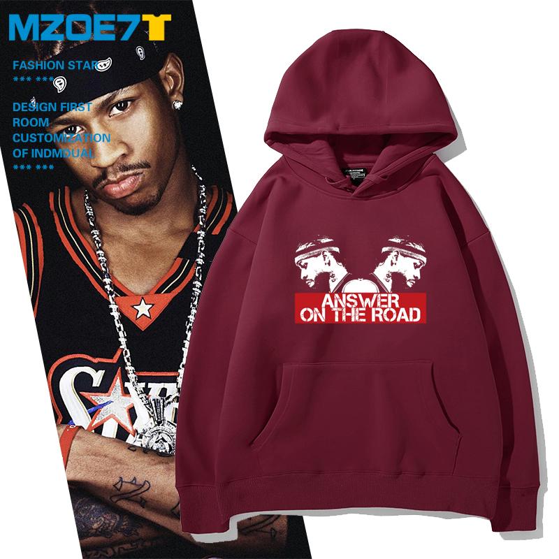 艾弗森手绘球星印花连帽卫衣美式复古潮宽松重磅76人球衣男女上衣