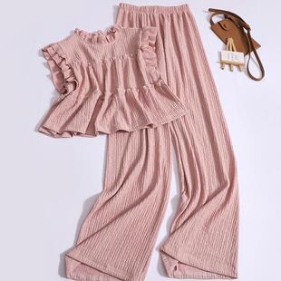 立领花边压褶上衣茶系穿搭松紧腰阔腿裤 夏季 套装 无袖 两件套女 新款