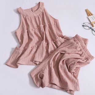 休闲两件套 松紧高腰显瘦阔腿短裤 时尚 挂脖木耳荷叶边背心上衣