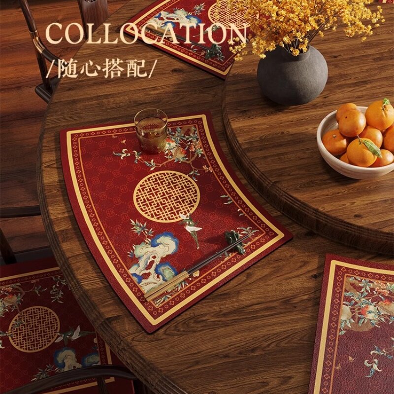 新中式红色扇形餐垫圆桌皮革防水免洗隔热垫喜庆餐桌茶几垫红石榴