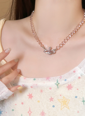 蓝色水晶串珠星球项链女夏日清凉感锁骨链轻奢气质百搭颈链配饰品