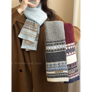 费尔岛风提花蓝色针织围巾女生冬季2025新款加厚保暖情侣护颈围脖