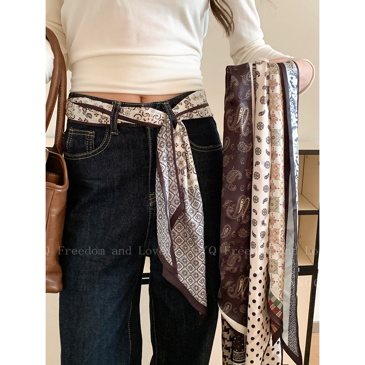 长条腰果花系脖丝巾复古配饰