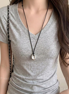 韩系银色豆豆吊坠黑绳项链女简约高级日常搭配衣服锁骨链长款配饰