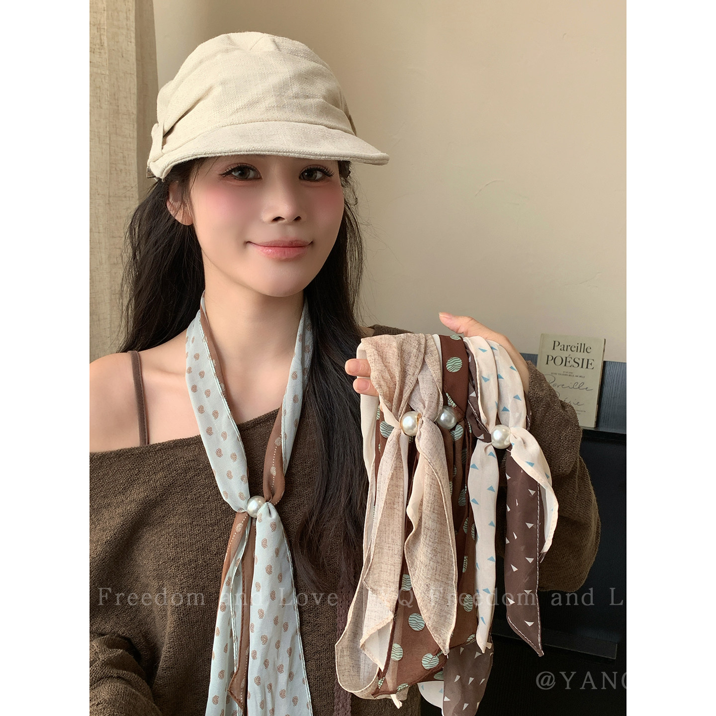 韩系文艺波点腰果花丝巾女长条系脖围巾丝带搭配风衣衬衫飘带配饰