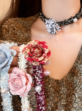 法式山茶花毛绒项链女小香风choker纯欲颈链项圈高级感锁骨链颈带
