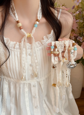 原创设计感！民族风彩色串珠蕾丝抽拉项链女波西米亚长款丝巾配饰