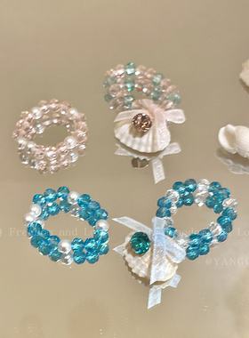 度假风蓝色串珠贝壳弹力戒指女小众设计高级感食指戒2025新款指环