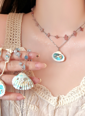 提前入夏！海边蓝色贝壳海星串珠项链女海岛度假风锁骨链穿搭配饰