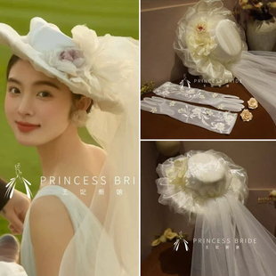 2025新品法式新娘造型纱帽连长纱外景样片旅拍写真舞台婚纱道具帽