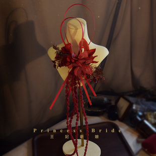 新中式新娘头饰复古红花朵旗袍晨袍头饰后区拍照婚纱发饰品手提花