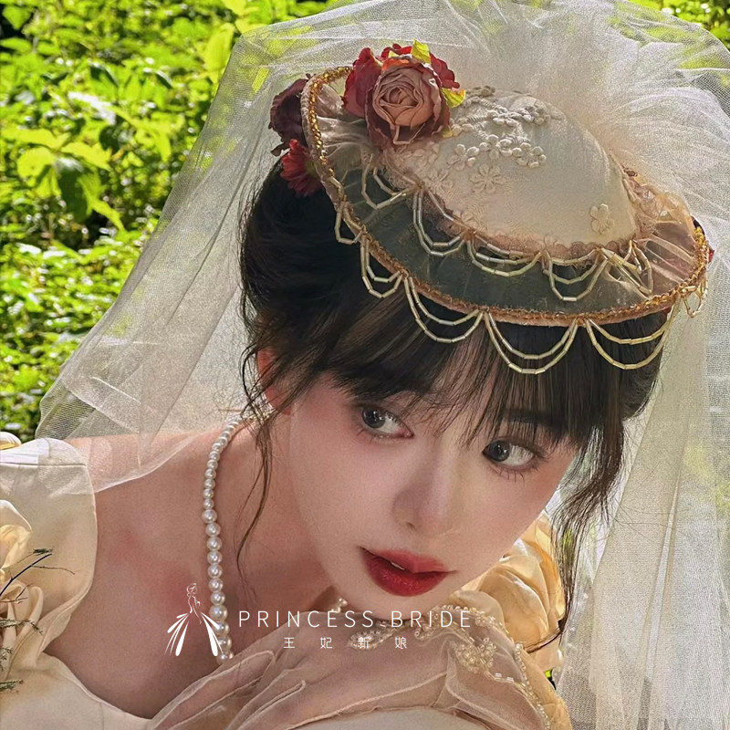 王妃原创新创意个性设计蕾丝流苏新娘小礼帽连纱复古外景样片头饰