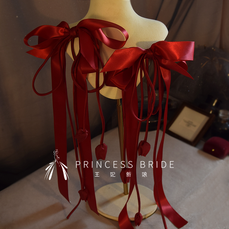 红色郁金香蝴蝶结飘带侧边头饰品