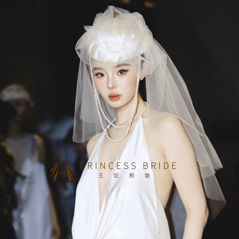 新款法式复古珍珠白色网纱礼帽新娘婚纱礼服造型影楼拍照道具帽子