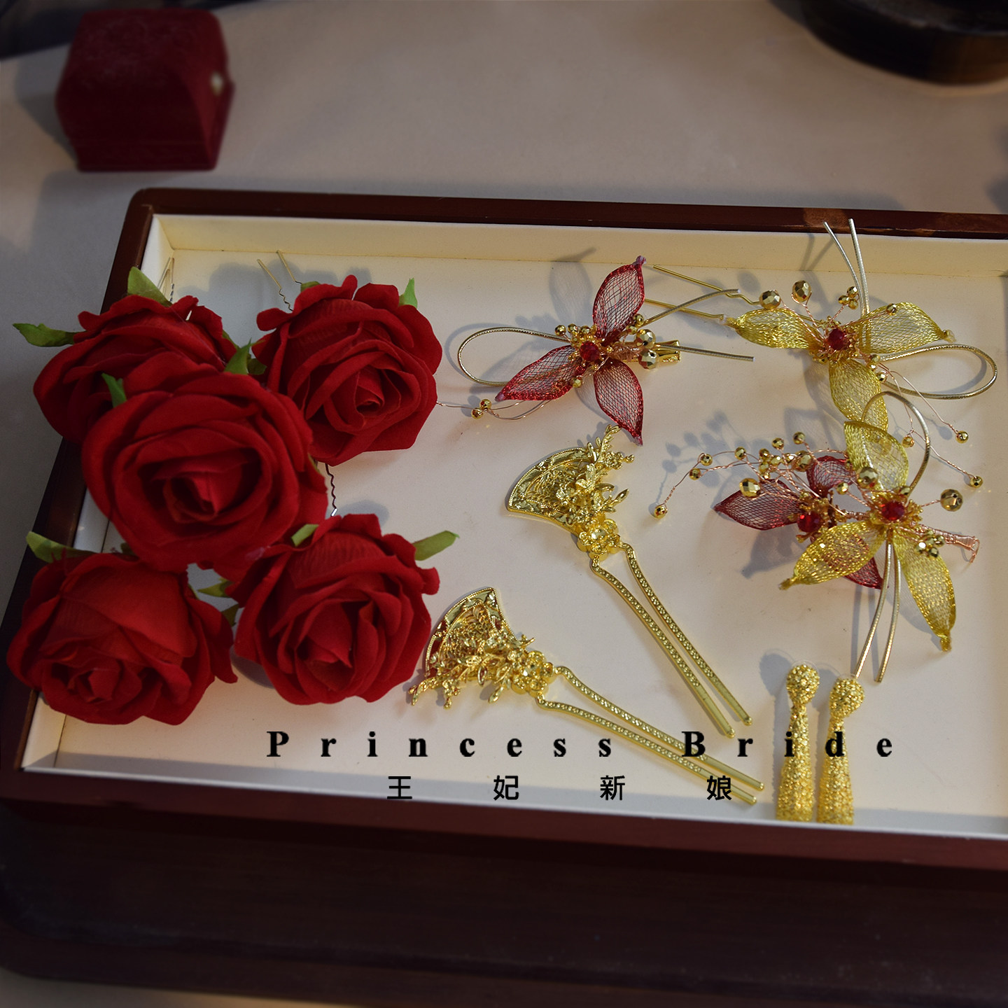 新中式复古新娘手作花朵金色发钗