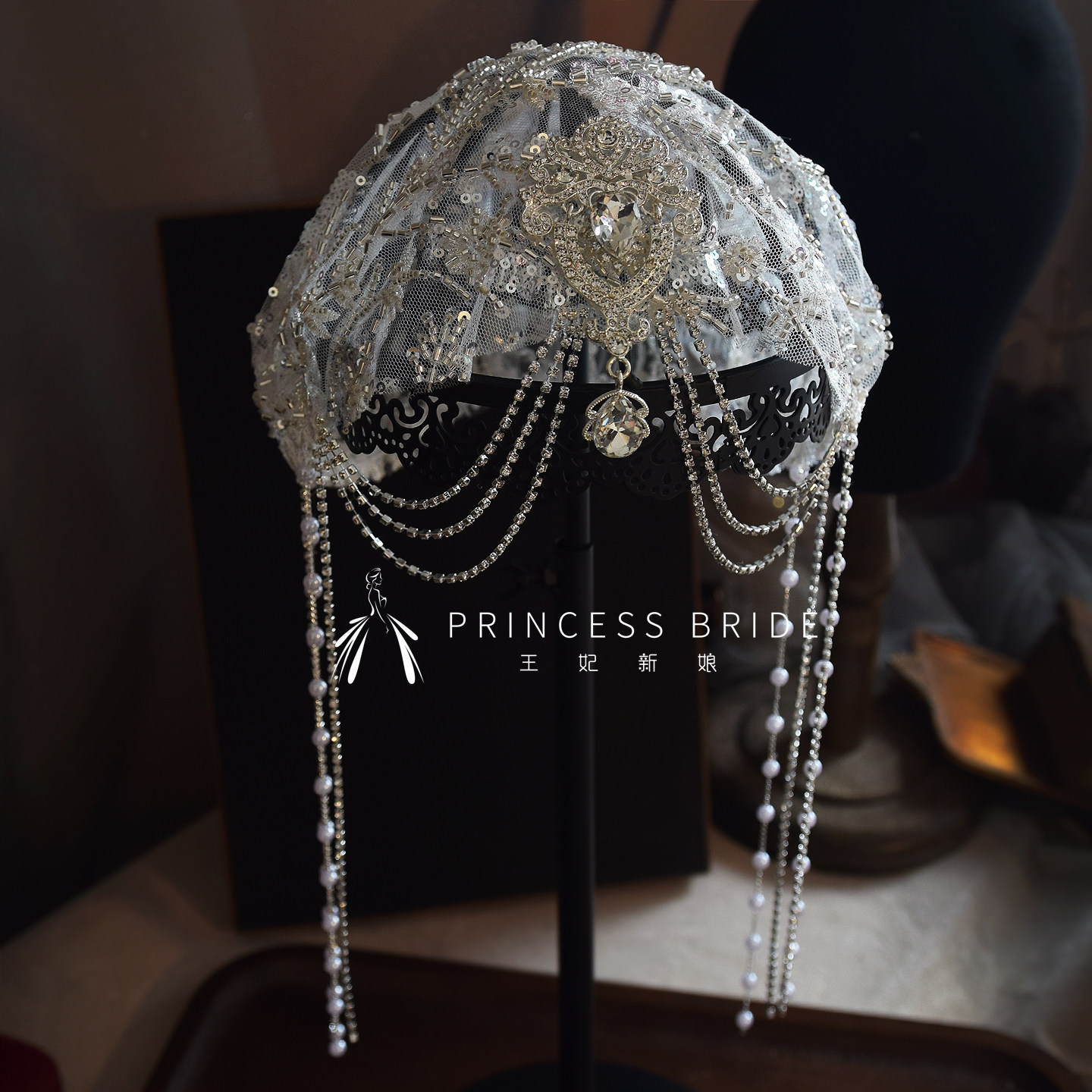 原创新品新娘手工串珠水钻闪钻时尚帽子发饰水母流苏帽走秀头饰品