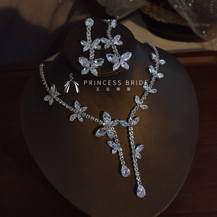 新娘锆石项链耳环套装婚礼饰品主婚纱晚礼服配饰晚宴轻奢华首饰品