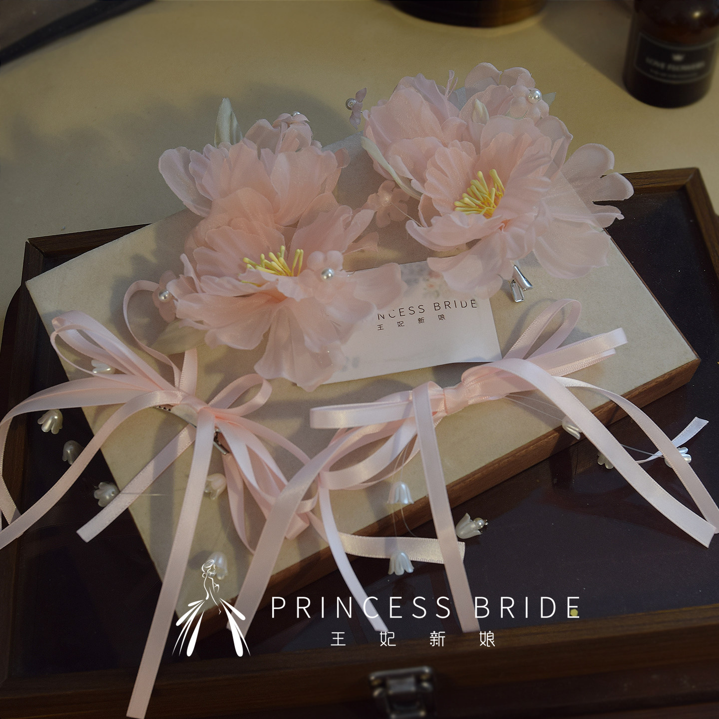 古风粉色绢纱花朵汉服旗袍发饰
