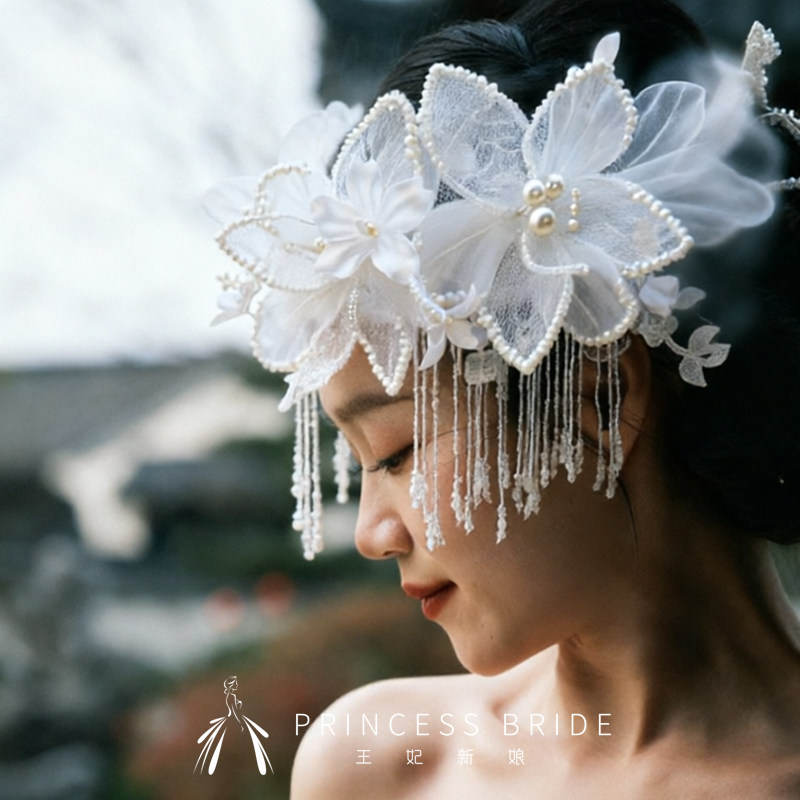 手工法式流苏花朵串珠蕾丝边夹