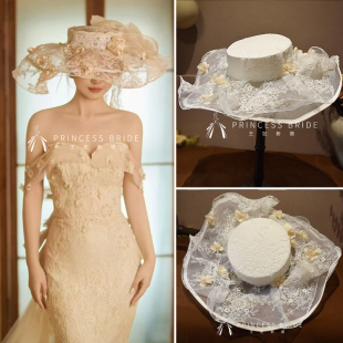 新品超仙手工蕾丝小花造型礼帽新娘结婚影楼外景写真跟妆样片配饰