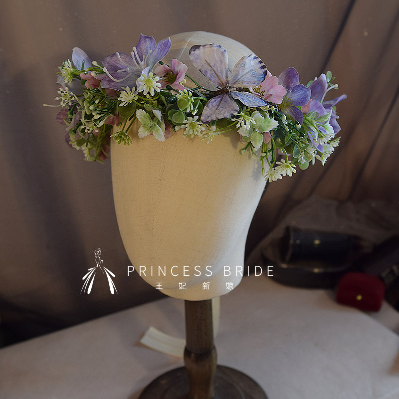 新款森系绿植紫色花蝴蝶花环新娘头饰度假海边结婚外景旅拍头饰品