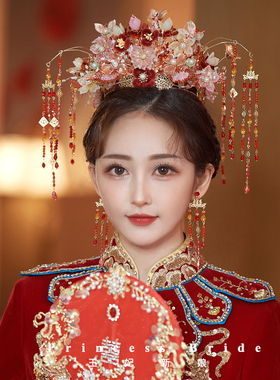 中式新娘凤冠头饰红色古风琉璃