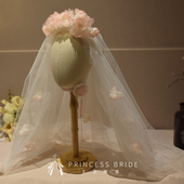 原创王妃新品 甜美淡粉花新娘头纱颈花外景出片拍照舞台演出头饰品