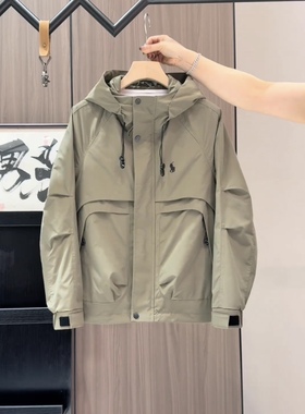 夹克男生休闲工装外套春秋季高级感美式连帽男款宽松帅气冲锋衣潮