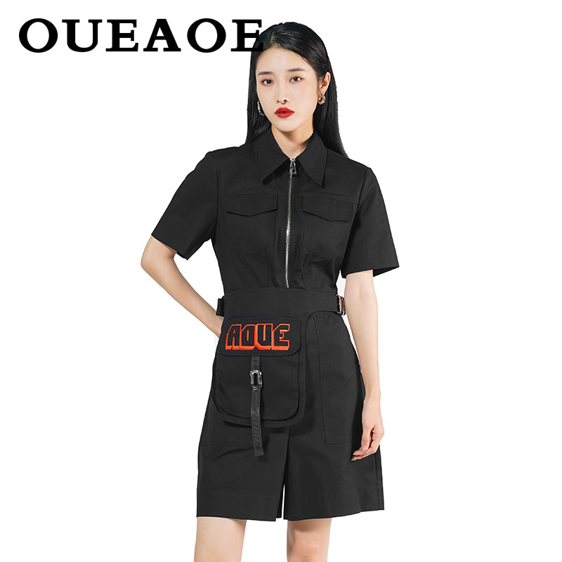 欧e专柜正品女装2023春装新款个性腰包五分连体裤拉链短袖连体衣