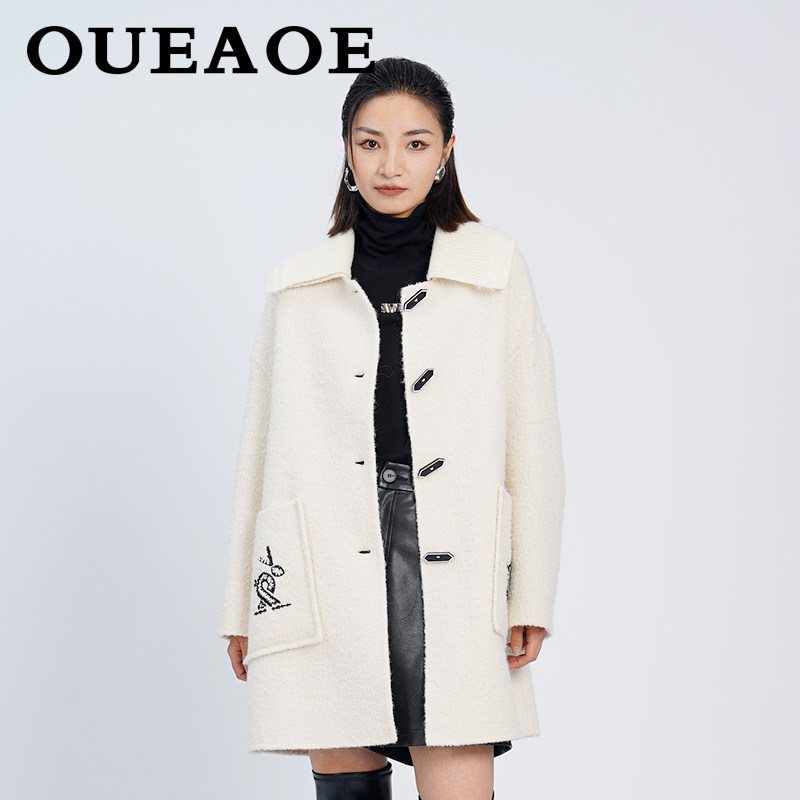 欧E专柜正品女装2024冬装新款口袋个性绣花时尚翻领中长款呢大衣