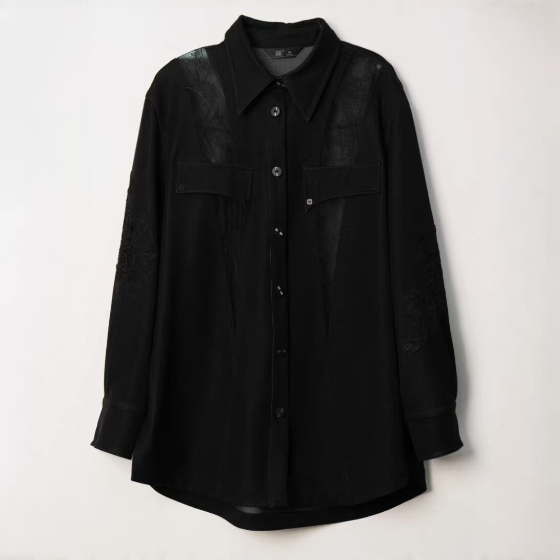 欧E专柜正品女装2026春装新款宽松百搭蕾丝牛仔衬衫外套女