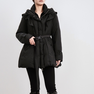 欧E专柜正品女装2025冬新款立领连帽中长款外套时尚荷叶边羽绒服