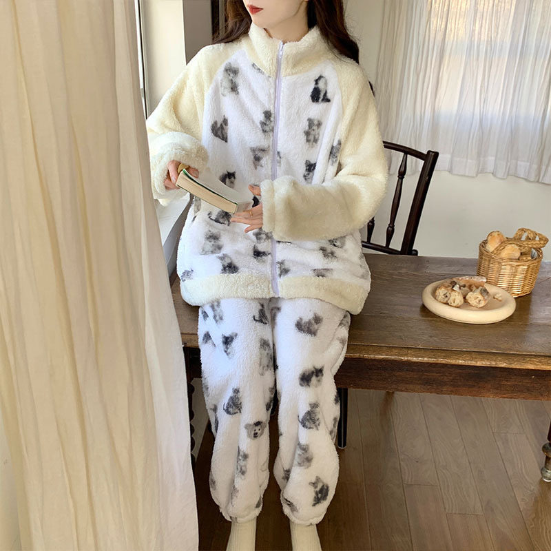 冬季毛毛睡衣女可爱卡通猫狗印花睡衣/家居服套装