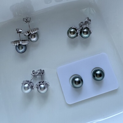 【特清不褪换】极光正圆海水大溪地珍珠耳钉裸珠