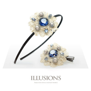 illusions [万花筒-湖] 深邃蓝大颗奥晶金睫毛蕾丝链条发箍鸭嘴夹